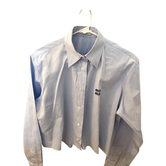 Miu Miu Light Blue Button-Up Shirt With Embroidered Logo Long Sleeves & Collared - Picture 1 of 7